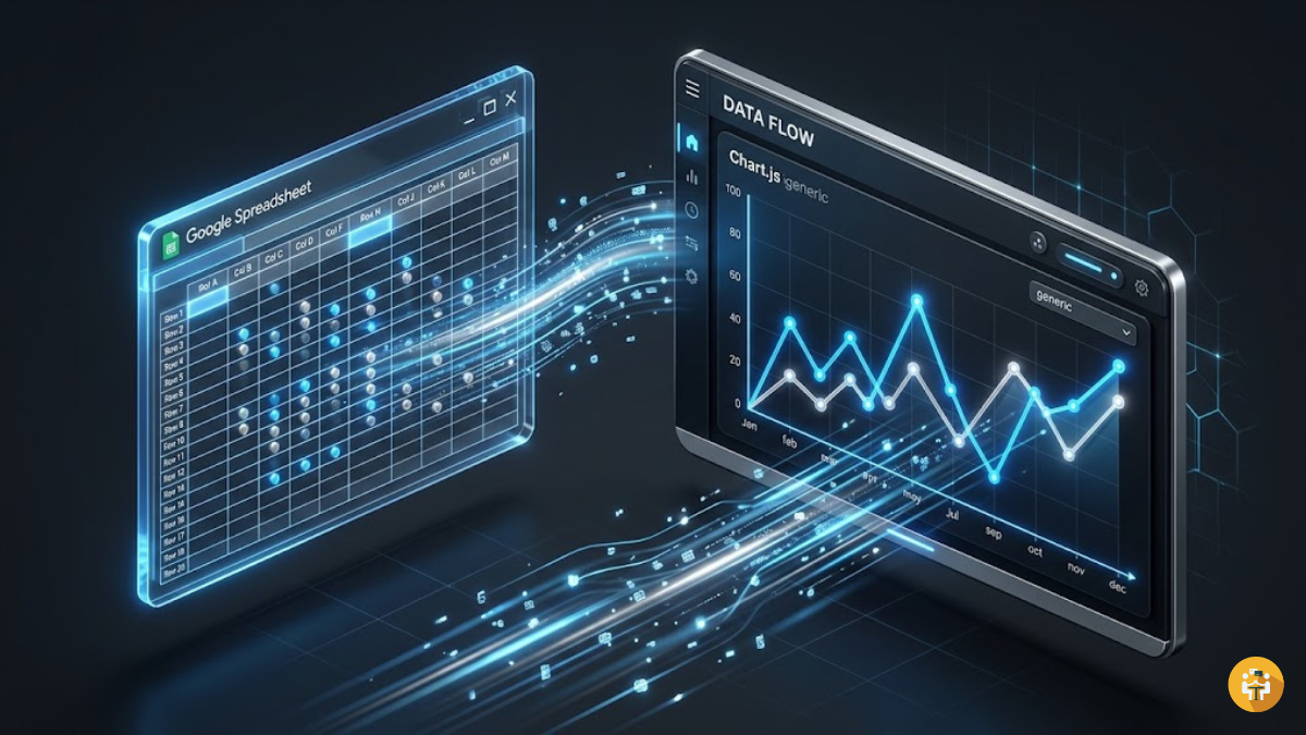 A 3D isometric visualization of a Google Sheet syncing data to a sleek Chart.js line graph